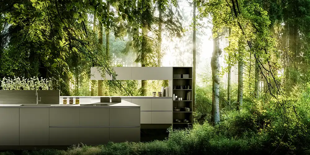 Bright kitchen by Küchen Aktuell in a green forest