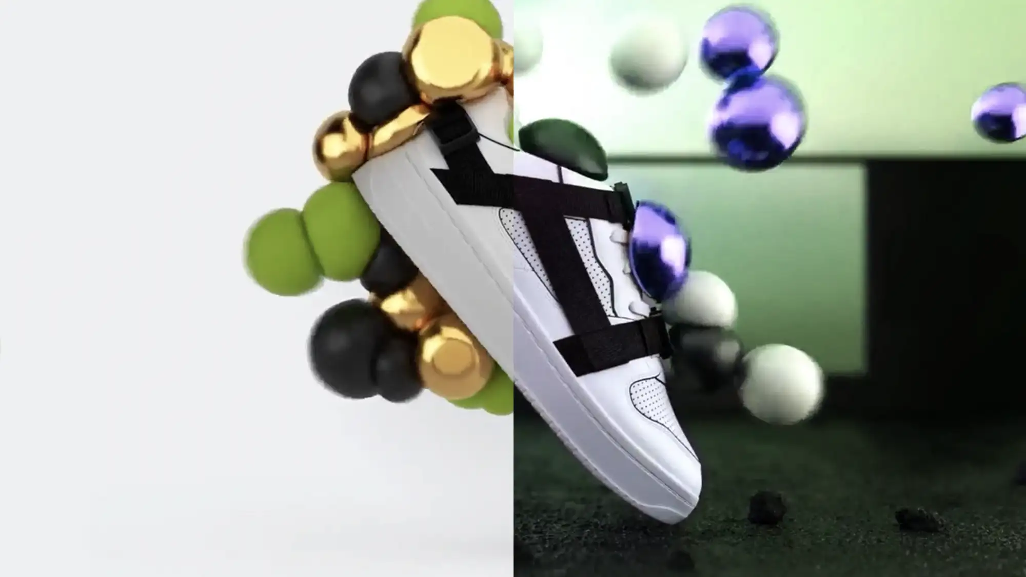 Vertical split screen of a white Karl Kani shoe on white and green backgrounds