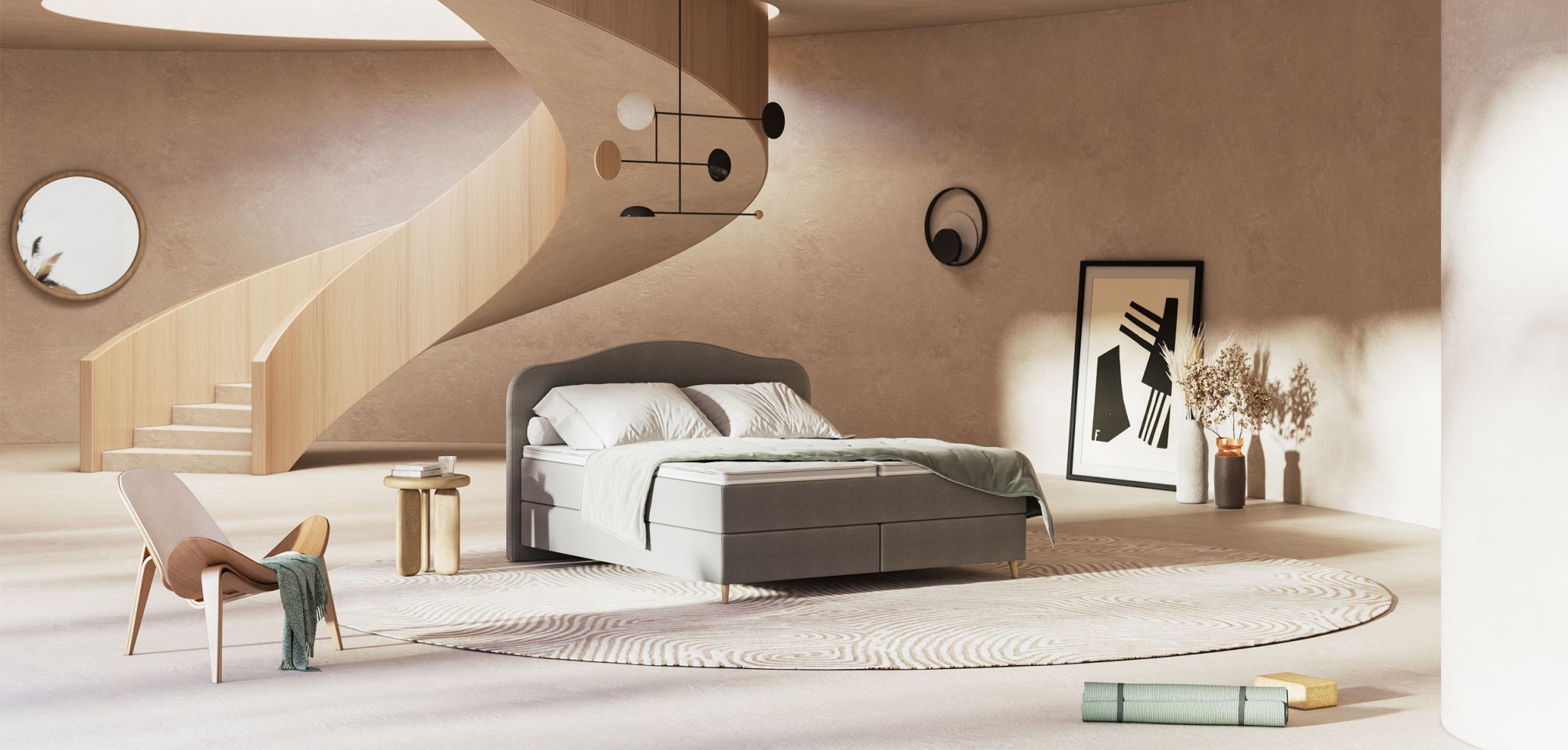 3D visualization for bedding manufacturer Frankenstolz with the Sensitive Flow product line staged in a bright bedroom