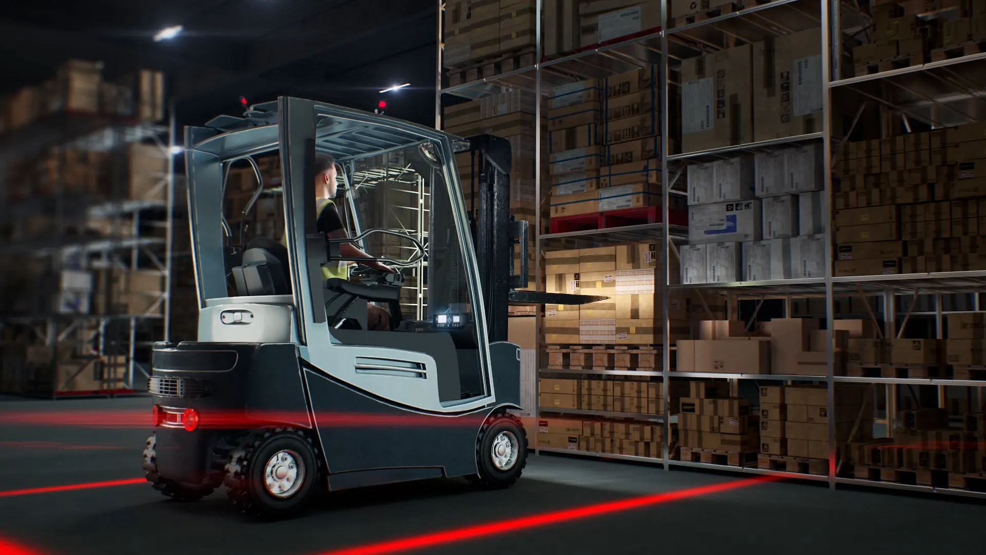 Forklift with many lights and sensors from HELLA in a dark warehouse in front of a large shelf