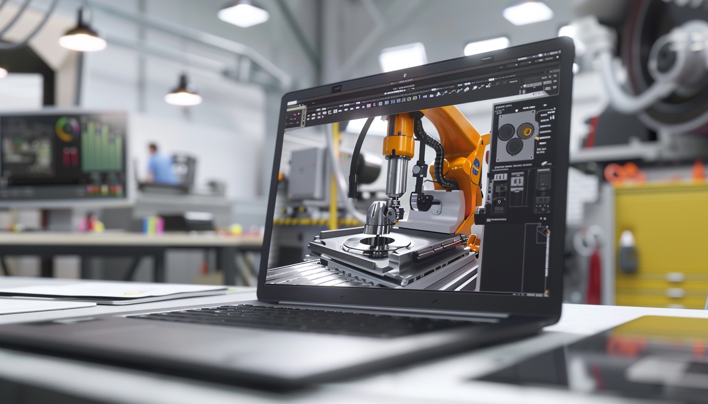 A 3D visualization of a CNC machine on a laptop in a mechanical engineering company office