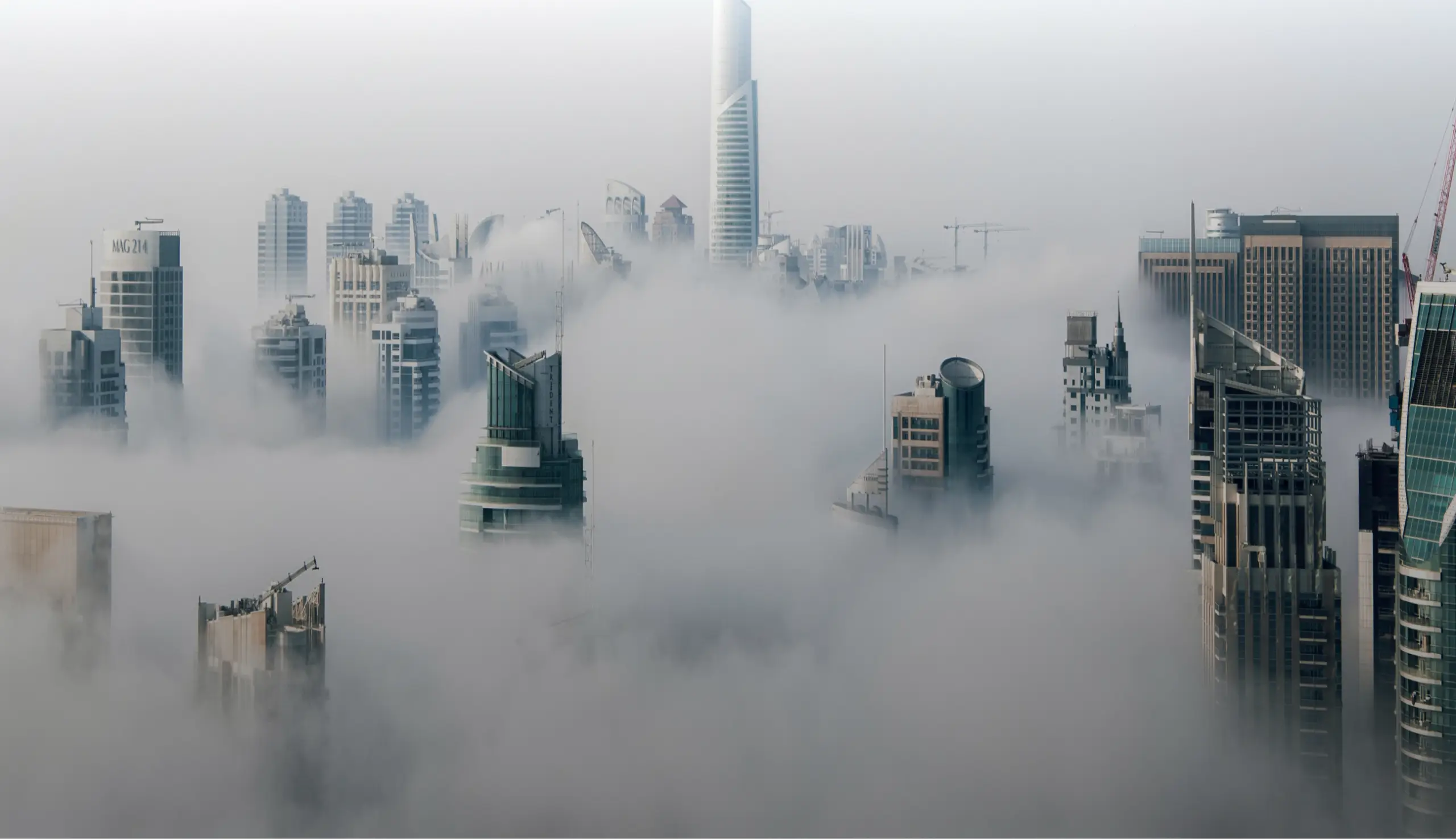 Overview of a futuristic city where the weather is foggy