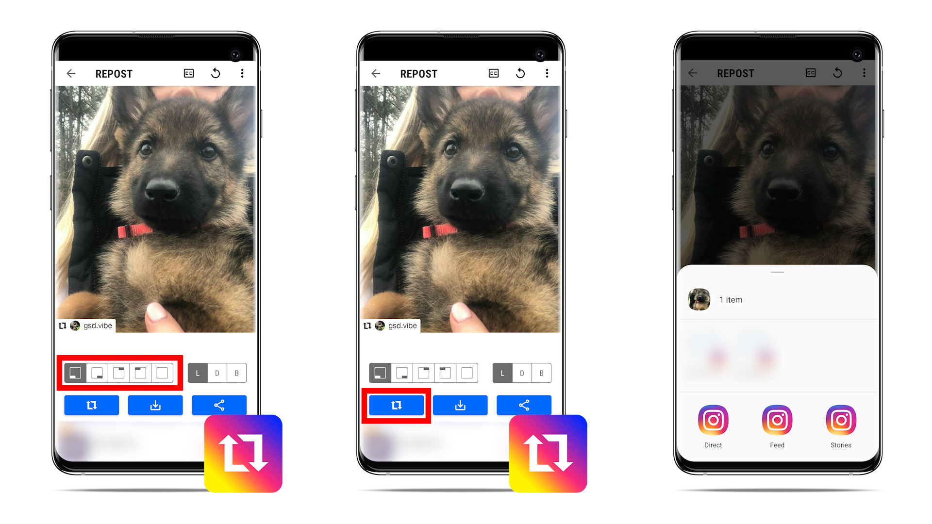 Select where you want the repost icon to appear (if you donâ€™t have donâ€™t have the paid version), Tap the repost icon, and finally, Select whether you want to post to your Feed or Stories