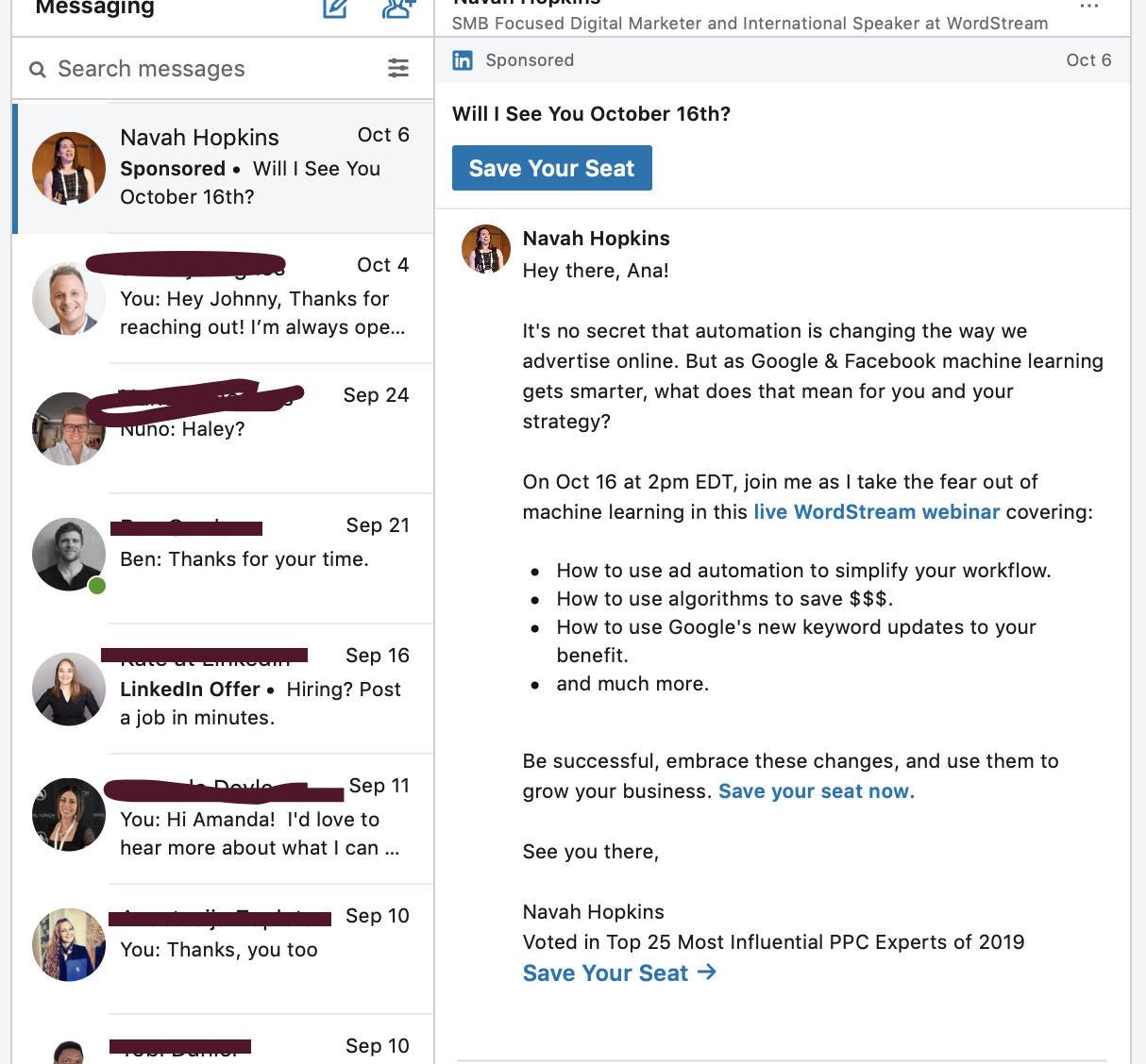 LinkedIn sponsored inbox ads 