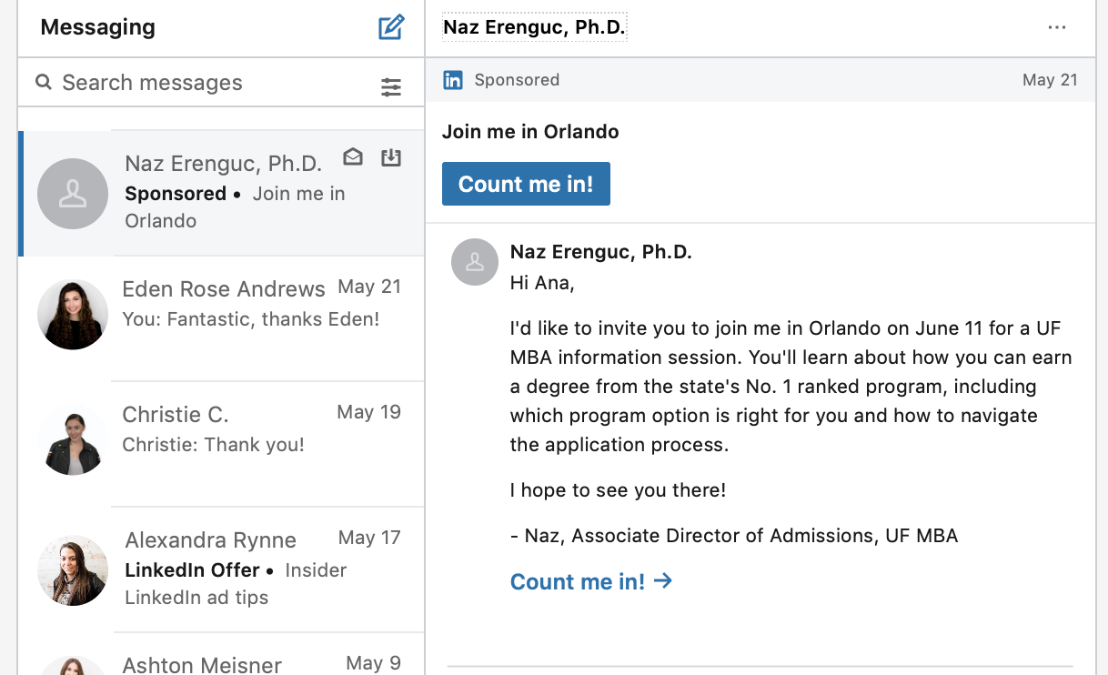 LinkedIn sponsored inbox ad