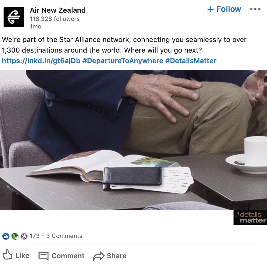 LinkedIn post from Air New Zealand showing LinkedIn marketing strategies