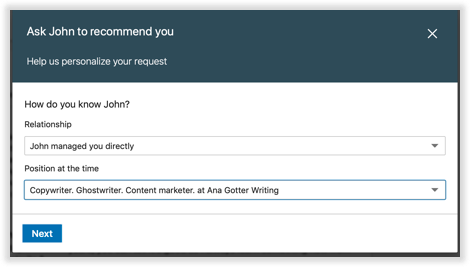 LinkedIn personalized recommendation request 
