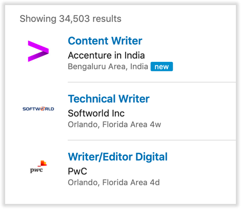 Linkedin Keyword search result for writer 