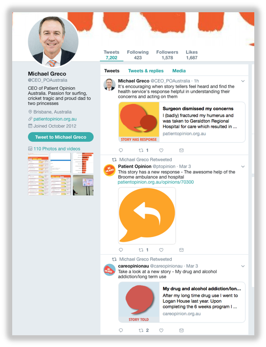 Michael Greco CEO of Patient Opinion Australia, Twitter account.