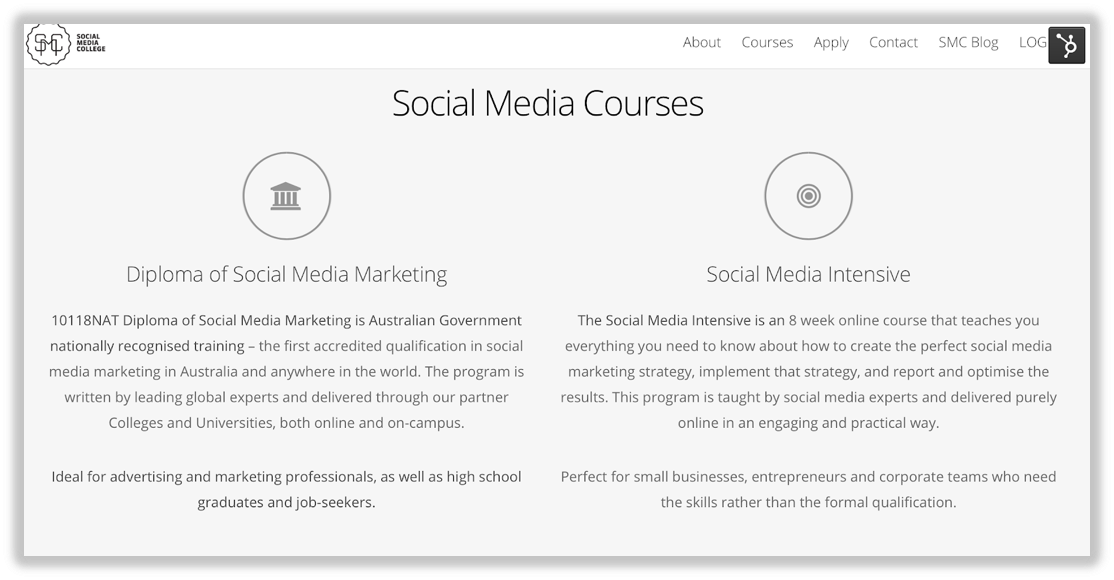 Social Media College courses