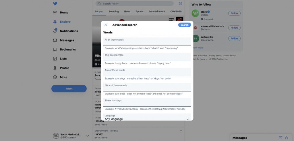 Twitter advanced search pop-up