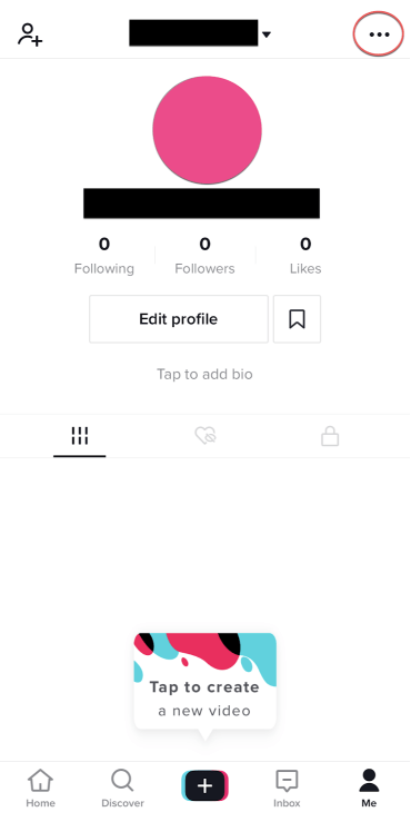 2. Next, youâ€™ll get a view of your brand-new, empty profile. The basic screen layout displays your name, username, profile picture, number of followers, number of accounts you follow, likes, and videos. Click the three dots in the upper right corner to get to your settings--youâ€™ll need this to set up a Pro account. 
