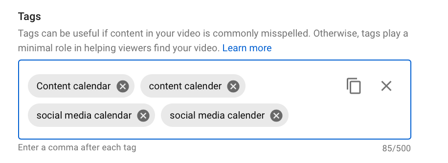 Tags for YouTube videos in video creation