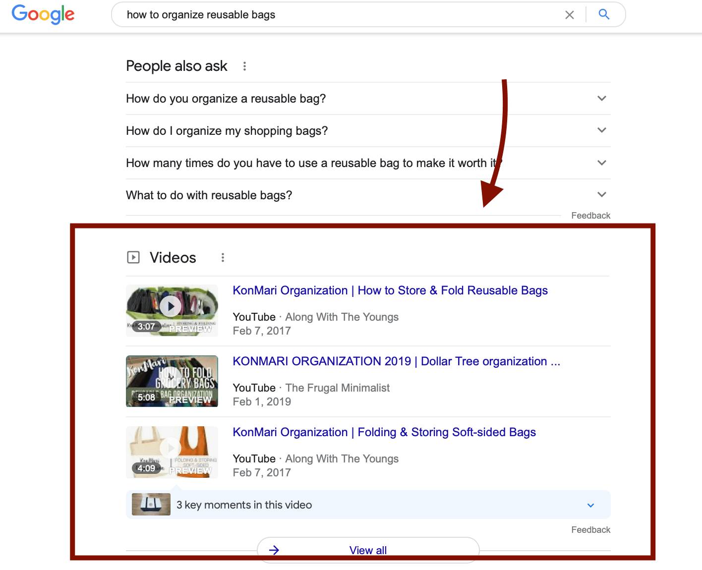 Search results on Google for YouTube videos
