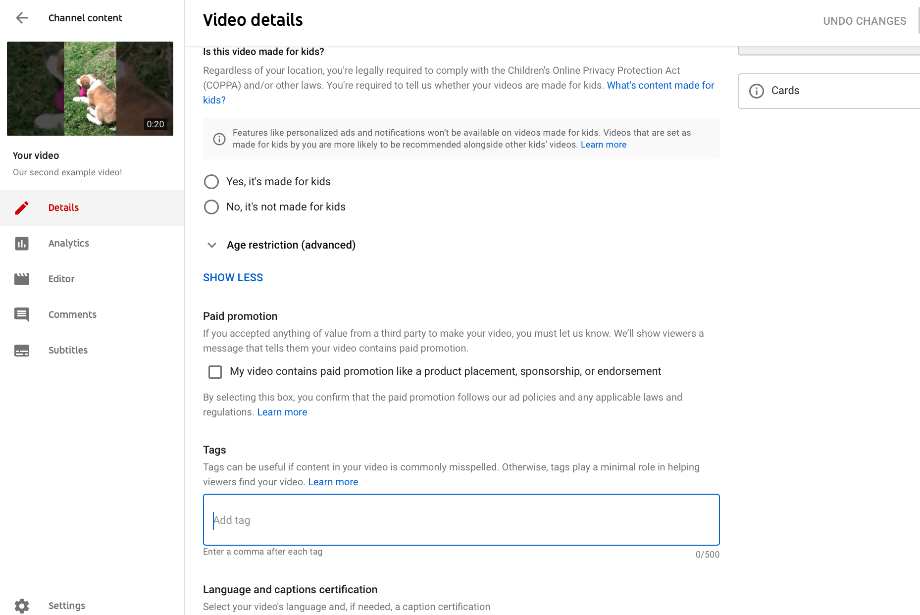 tags for YouTube videos in video editing mode