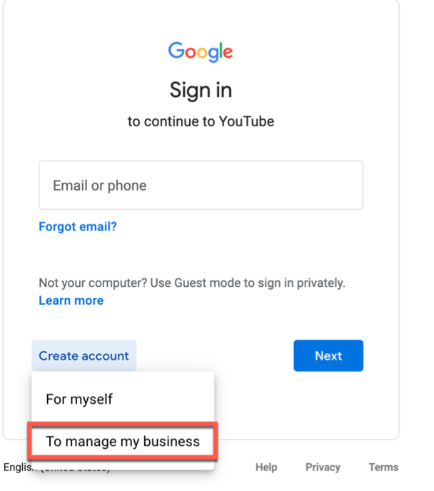 Sign in to create YouTube account for business