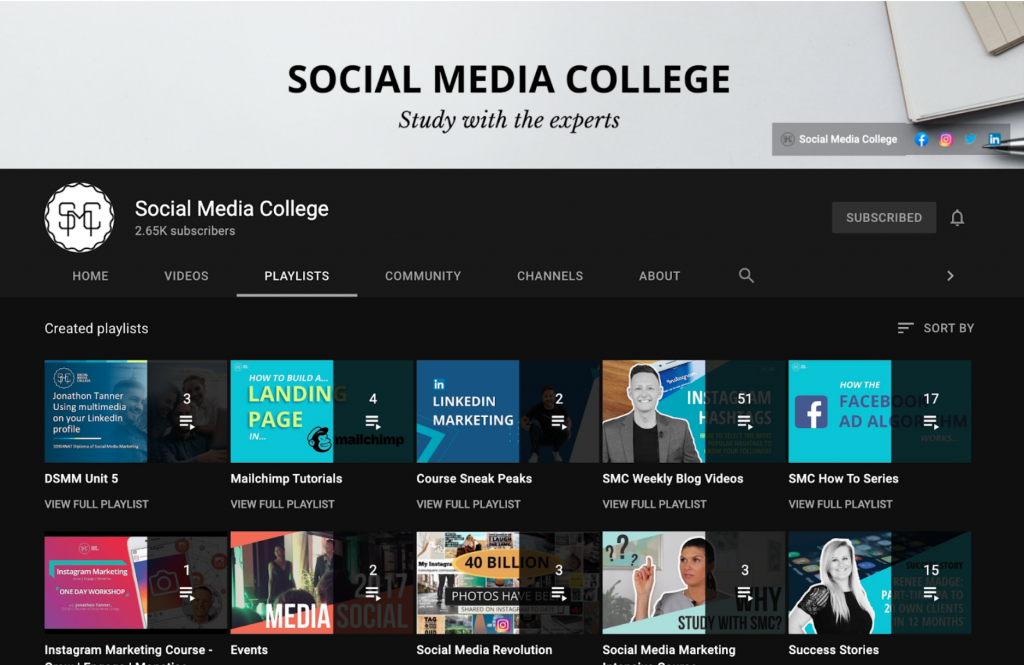 Social Media College YouTube business account