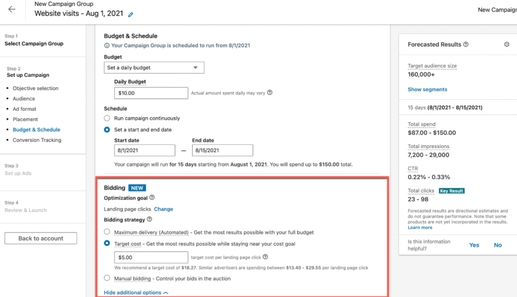 Setting target costs with LinkedIn advertising costs 