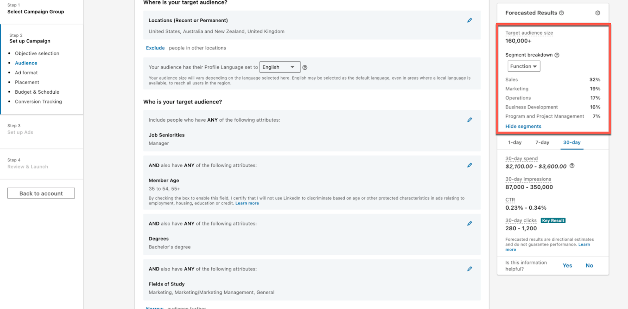 advertising with LinkedIn costs in campaign creation manager 