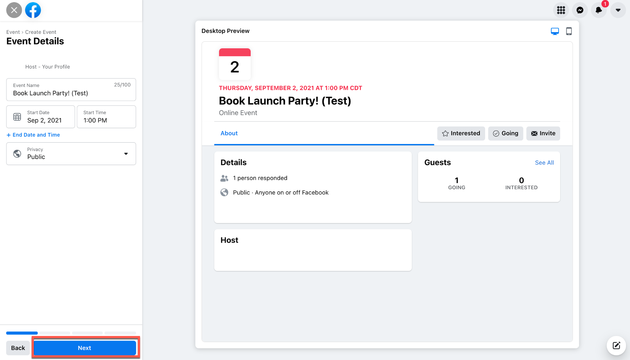 slots to enter the event name, date and time, and select the privacy settings