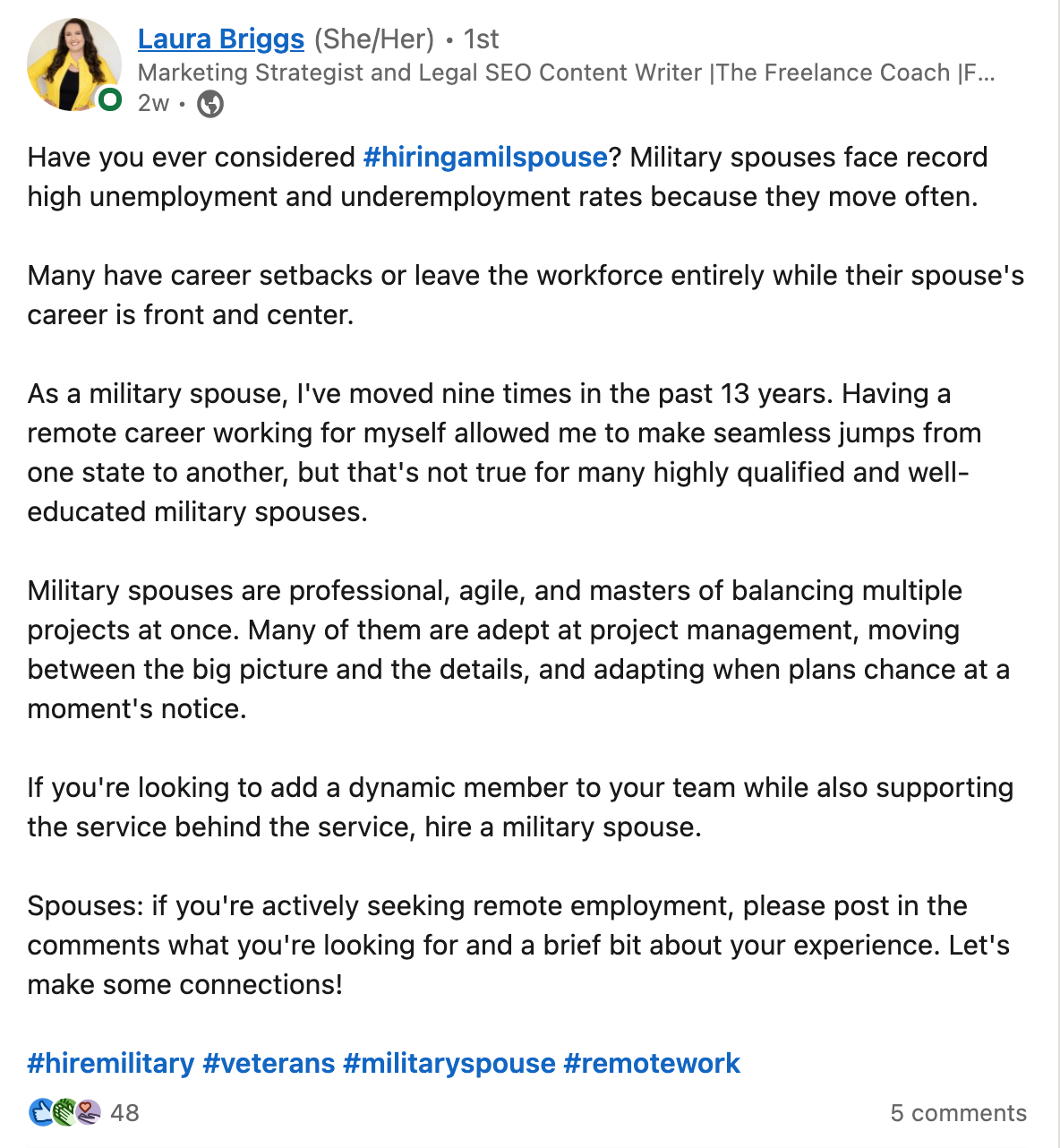 LinkedIn marketing with personal story example from Laura Briggs 