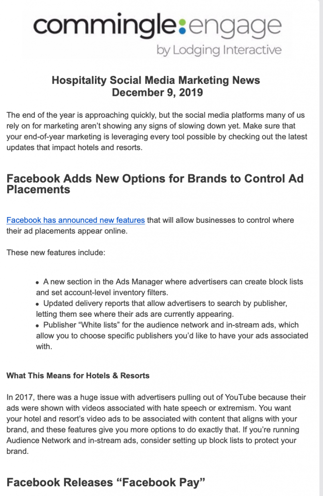 Business to Business email marketing newsletter from Lodging Interactive