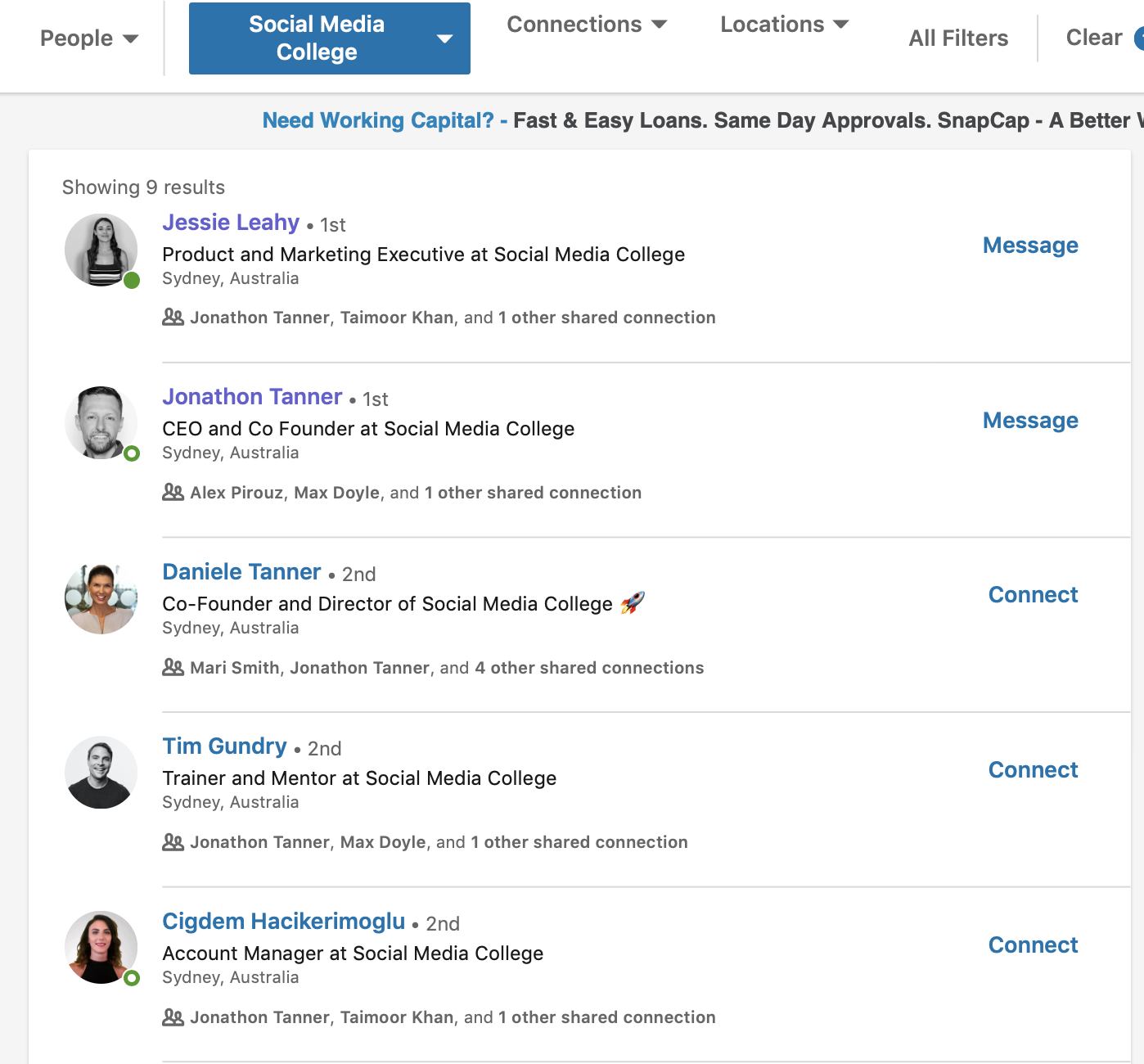 Social Media College's employees are listed on the LinkedIn Professional Page
