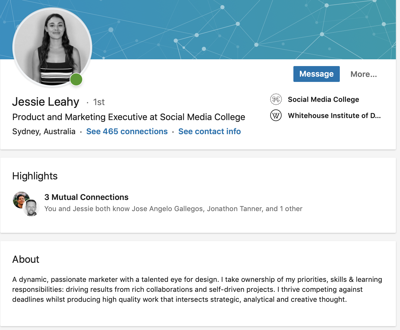 Examples of a fully optimised LinkedIn profile from Social Media College