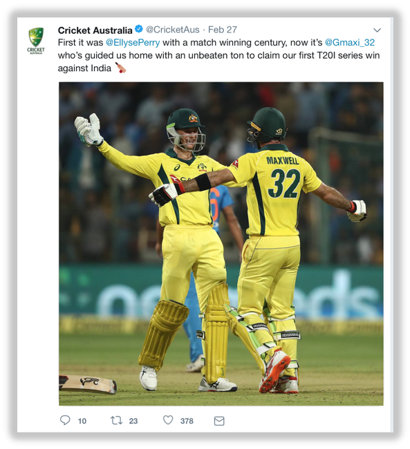 Cricket Australia uses Twitter as a platform to share content to accounts.