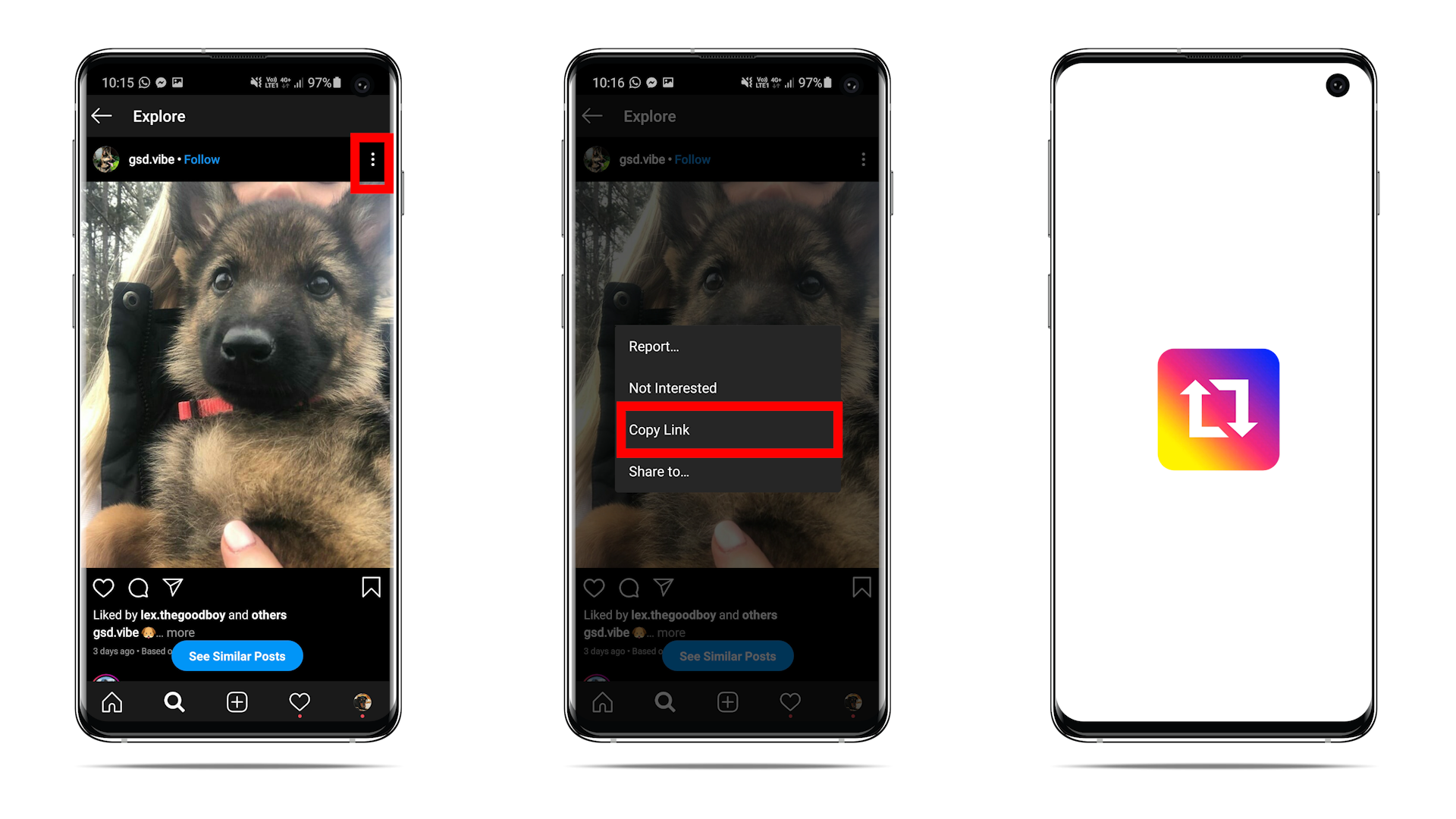 Tap the ellipses (the three dots in the top right corner), Click copy link, Open the repost app