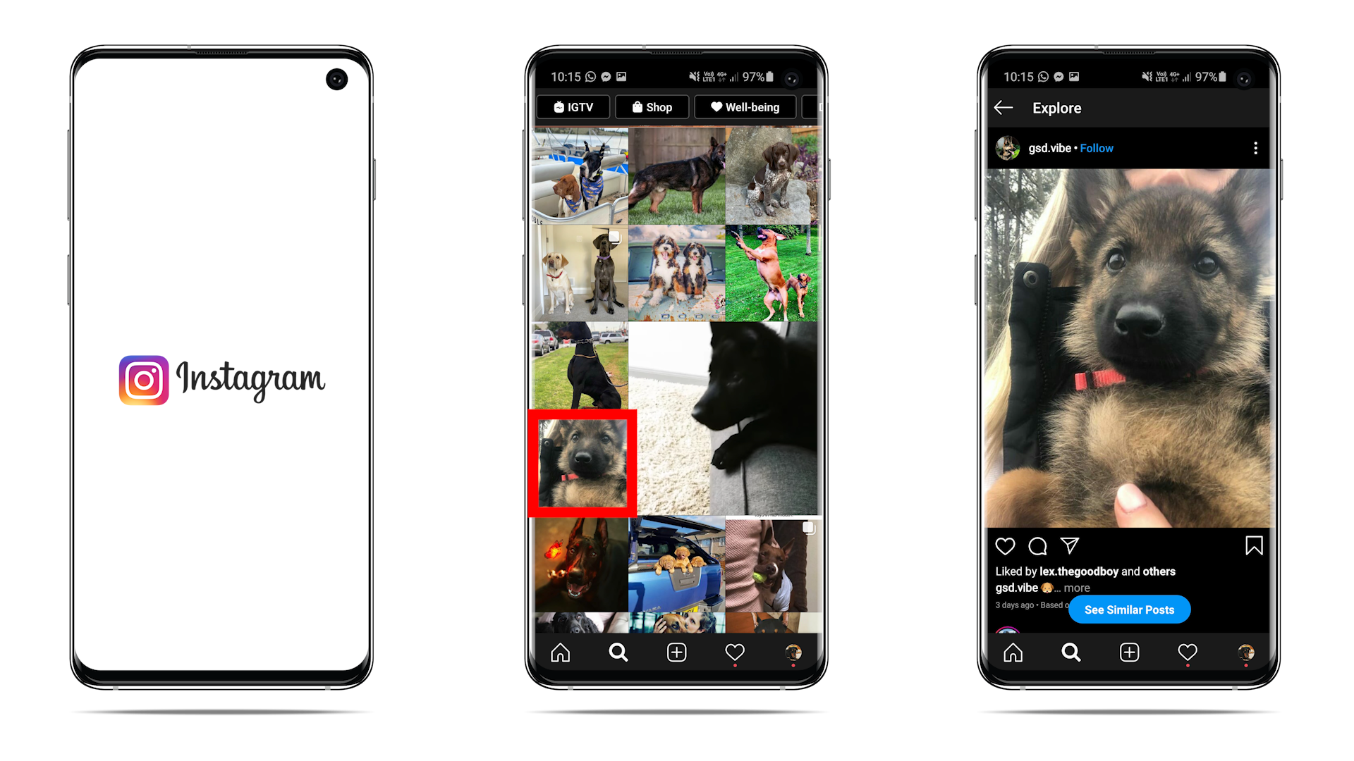Open Instagram, Find a post you want to repost, Tap the image or video to see it in full view