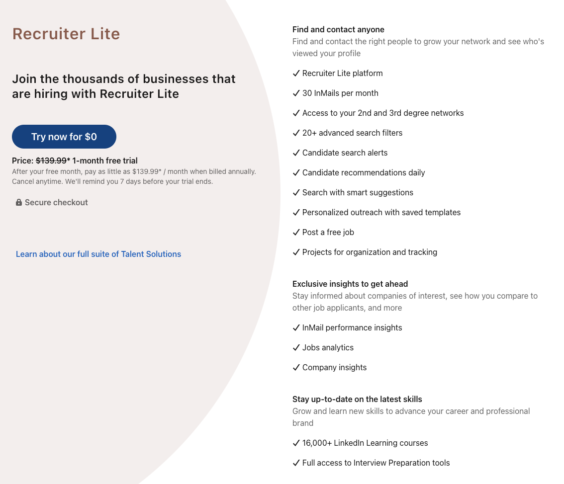 LinkedIn Premium Recruiter Lite Plan features
