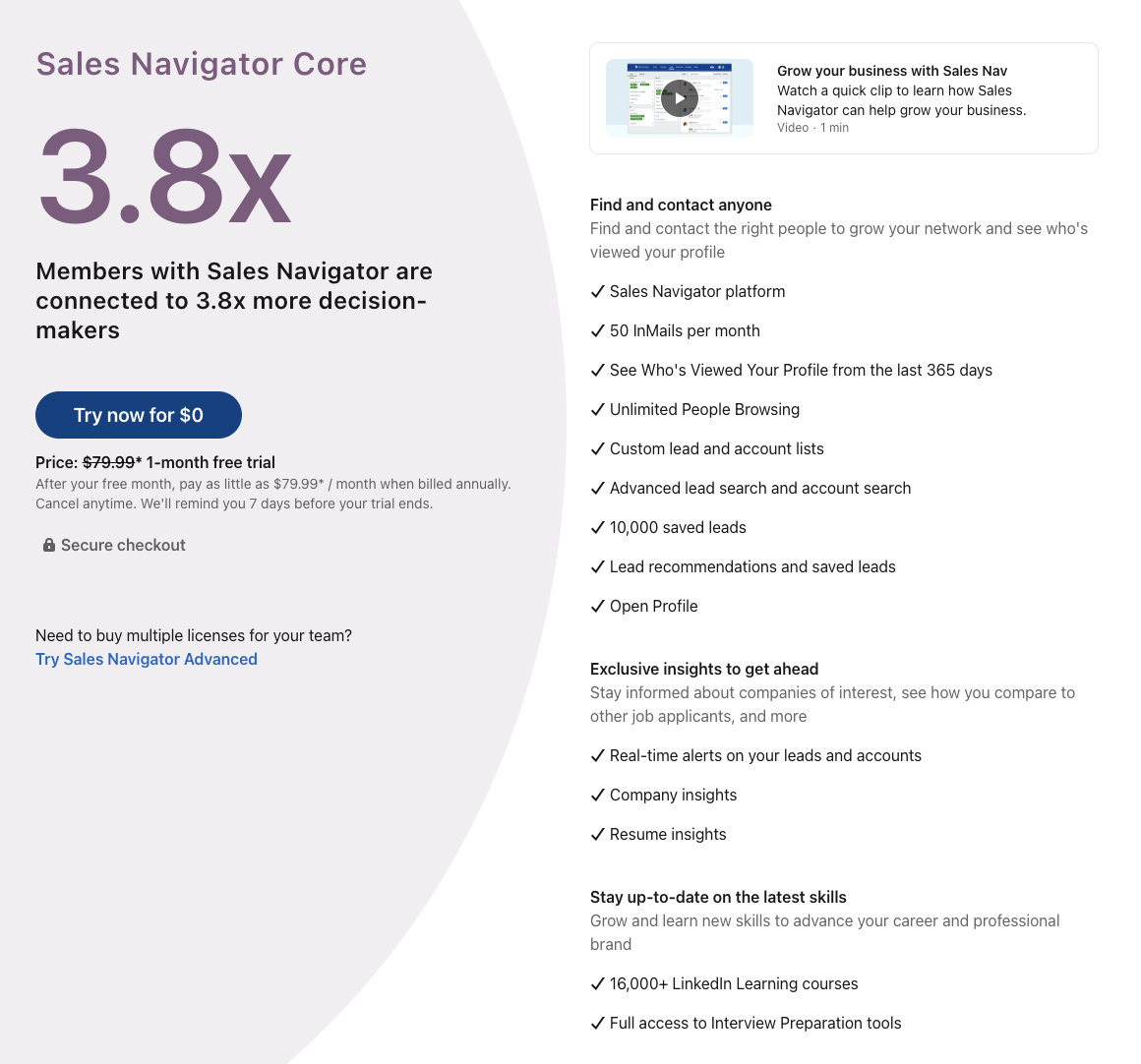 LinkedIn Premium Sales Navigator Core Plan features