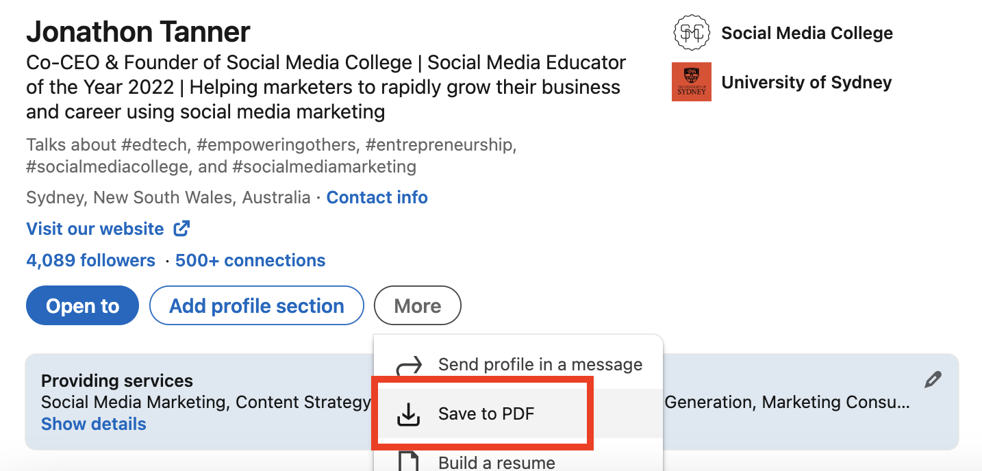 Save LinkedIn profile to PDF