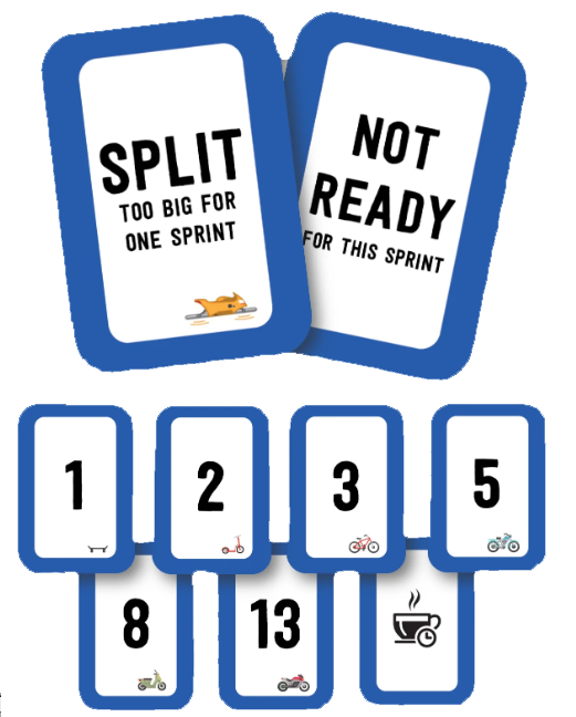Two signs regarding task difficulties. One is split and too big for one sprint, and the other is not ready for this sprint. Numbers displayed are 1, 2, 3, 5, 8, and 13, as well as a coffee and timer.