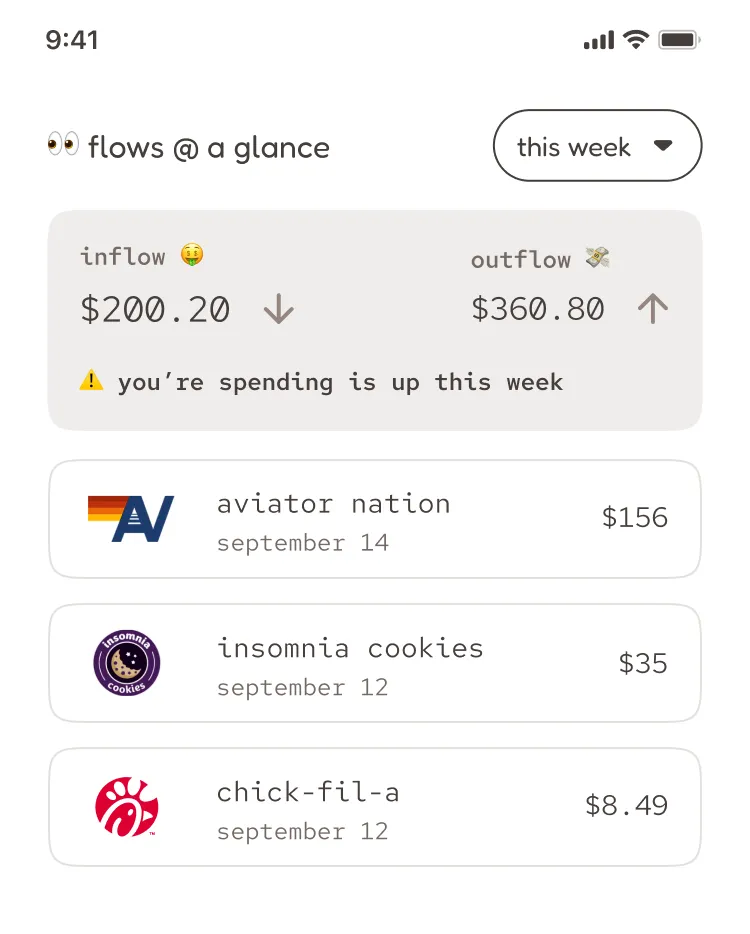 moneywize app screen showing the details of a few transactions and a summary of the cash in and out for the week.