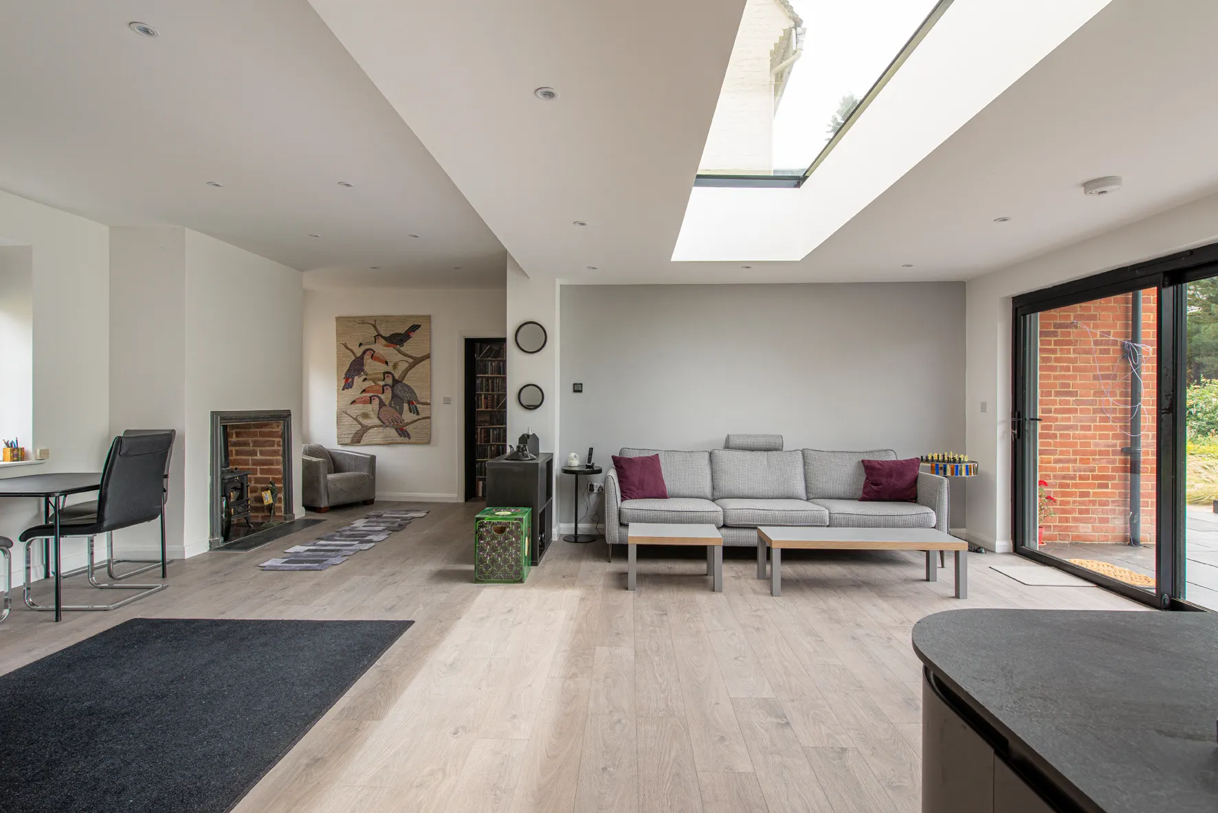 window in roof and fireplace