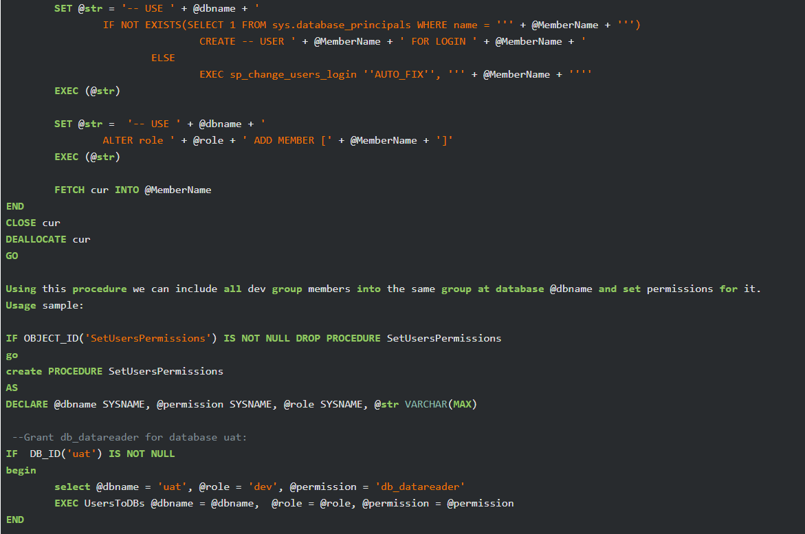 Define SQL Server database permissions for development team