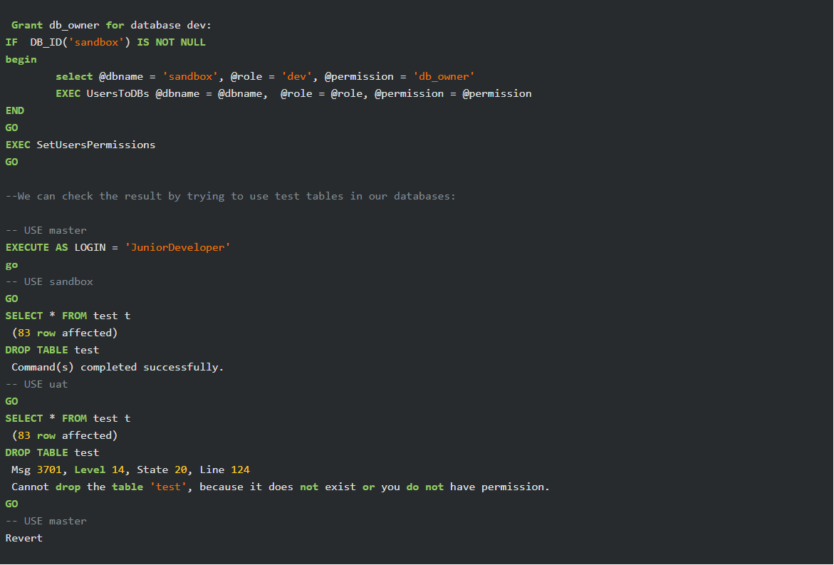 Define SQL Server database permissions for development team