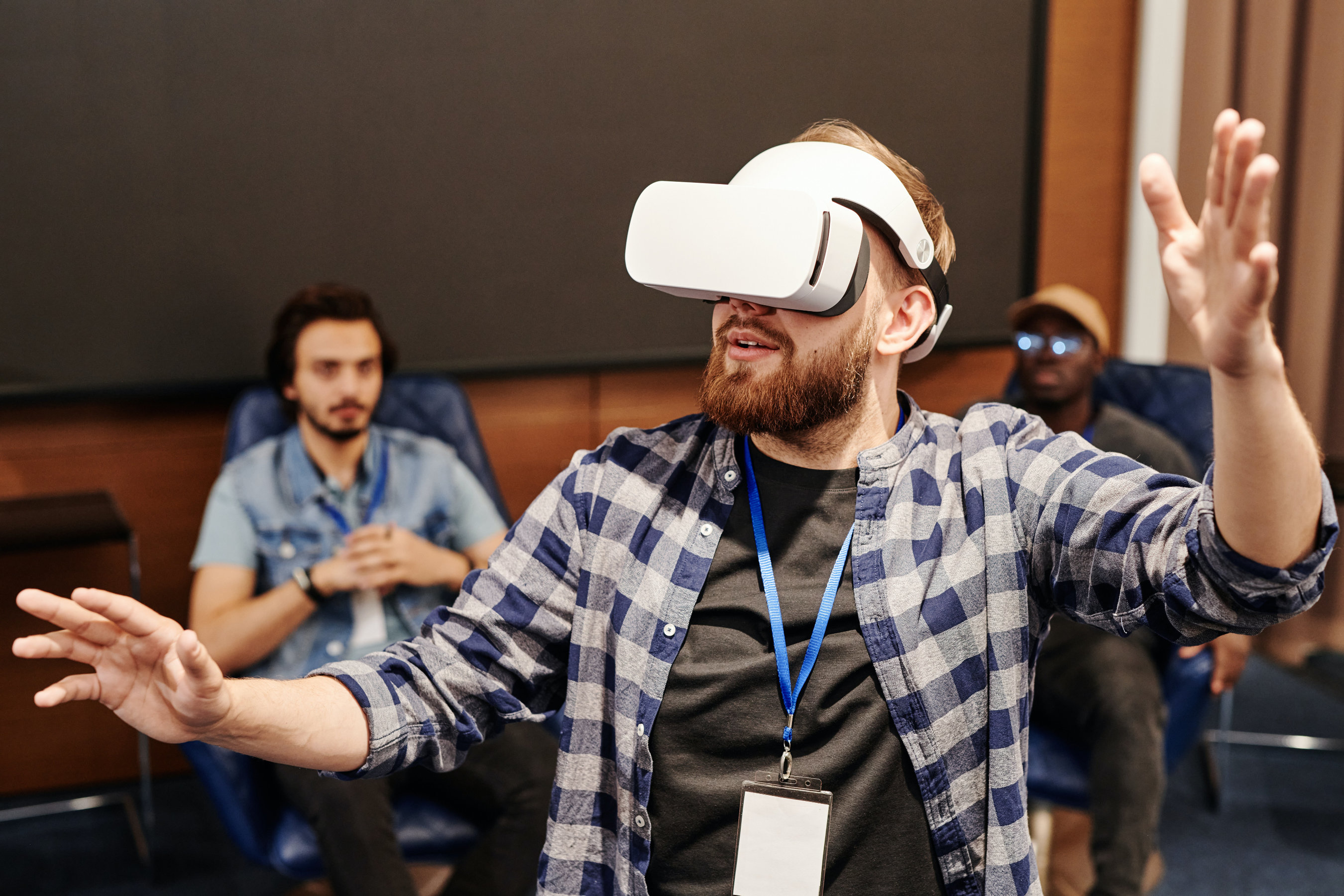 Young man with AI glasses in emotional moment