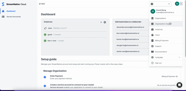 Pulsar Cluster Usage page for StreamNative Cloud