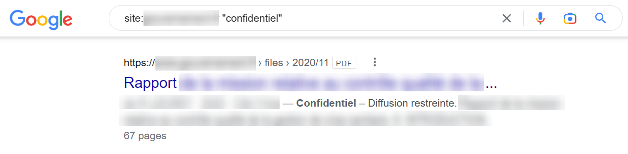 Exemple de Google Dork utilisé dans le cadre d'une veille cyber pour trouver des documents confidentiels
