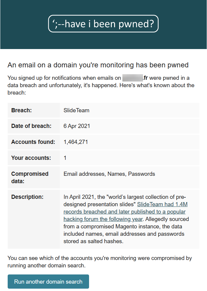 Notification Have I Been Pwned suite à un Domain Search