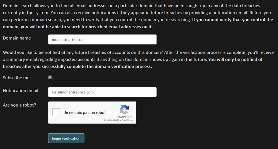 Formulaire d'inscription Domain search sur Have I Been Pwnd
