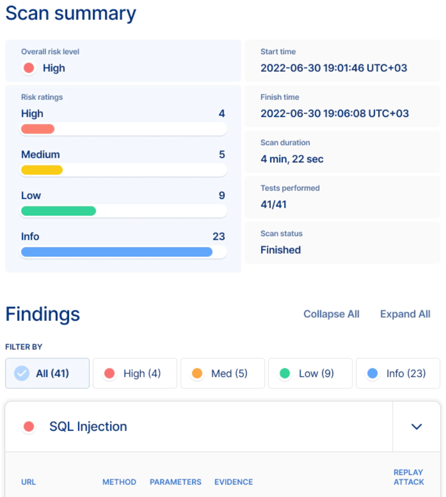 Exemple de rapport de scan de vulnérabilité sur Pentest Tools