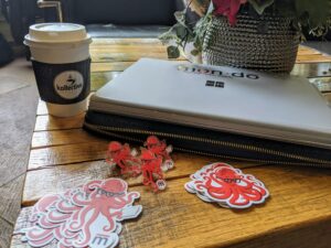 Mondo Stickers, Pins, and laptop