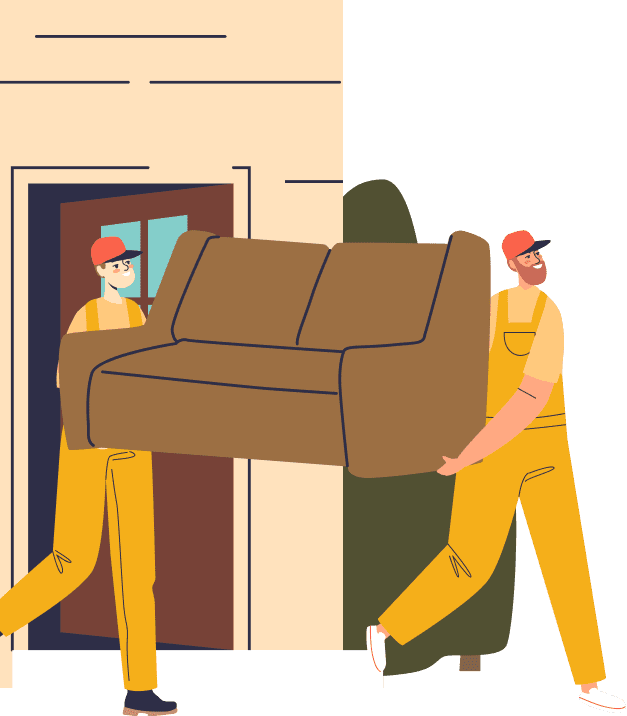 two men moving a couch into a house
