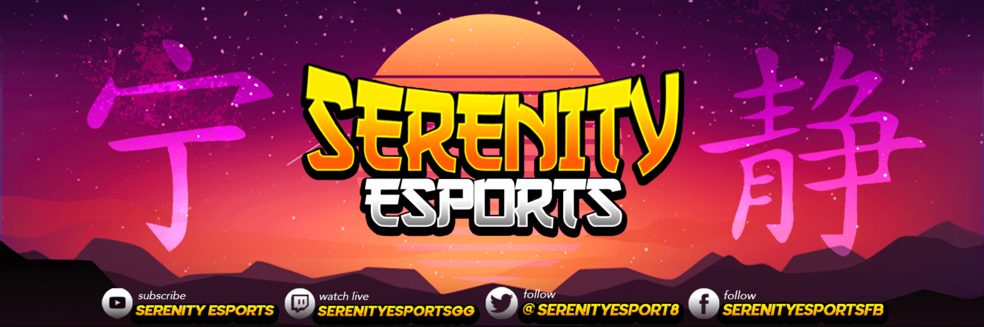 Serenity Esports logo and background purple mountain background with social handles