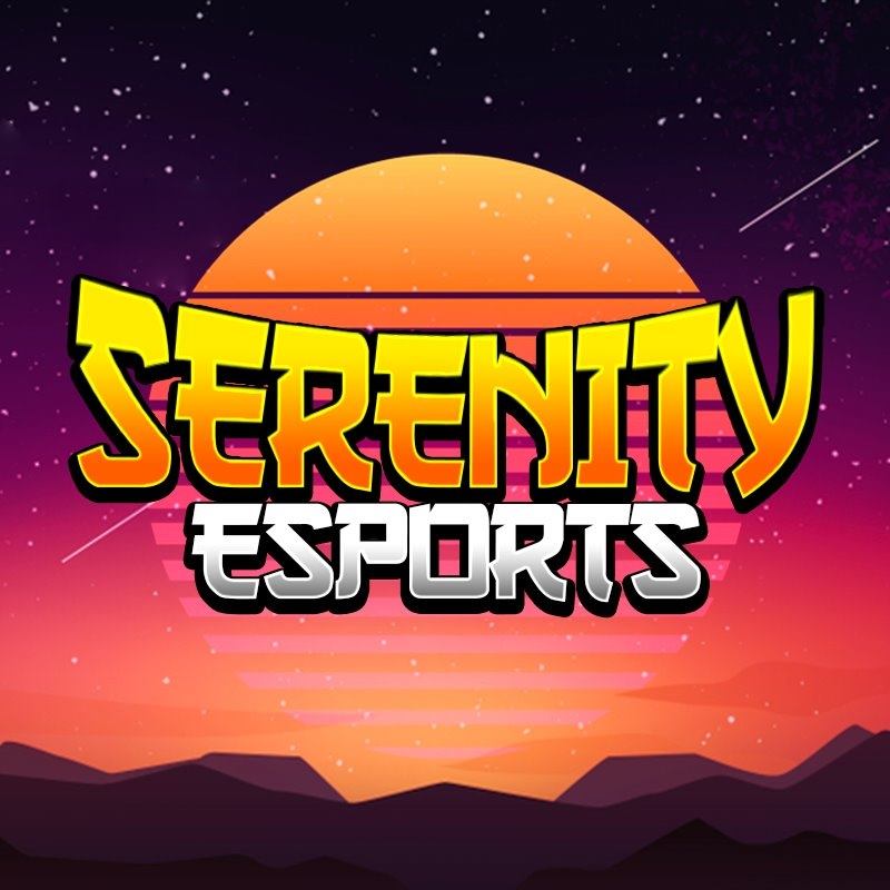Serenity Esports logo and background purple mountain background with social handles