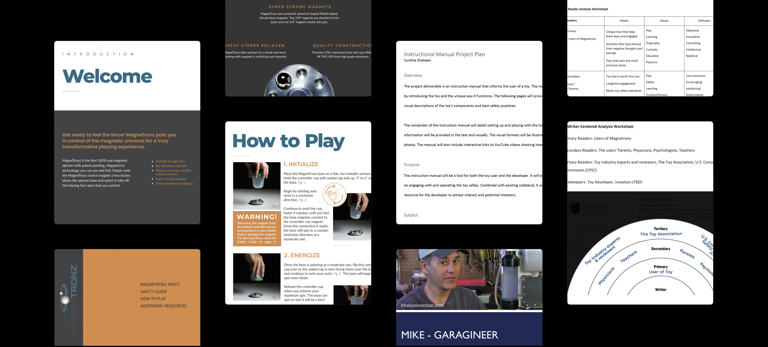 images from the MagneTronz instruction manual, project plan, and reader profiles.
